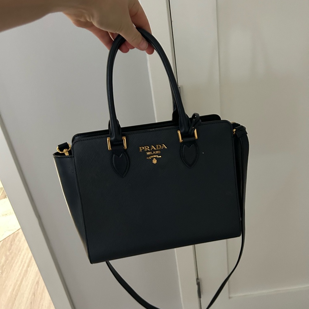 Prada Navy Satchel with Gold Accents